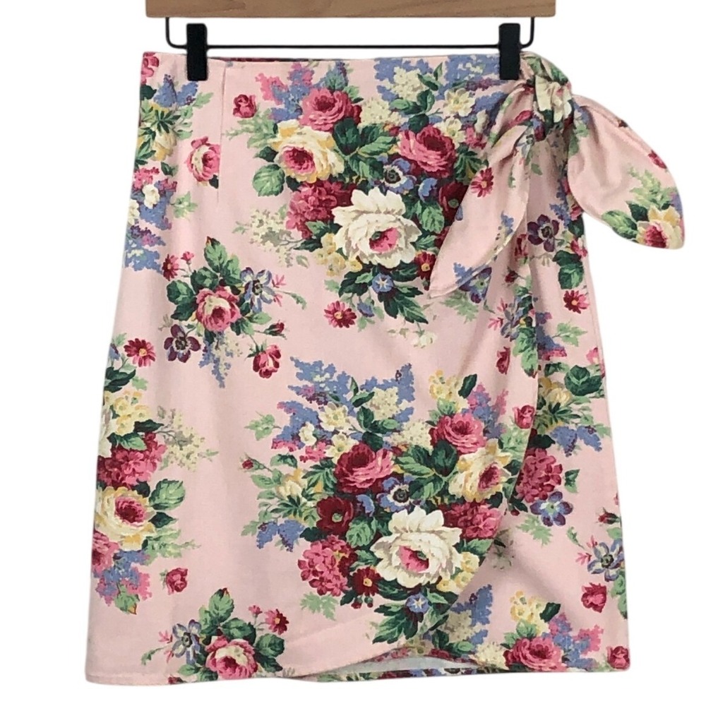 VTG On The Verge Cotton Wrap Mini Skirt Sz 7/8 Pink Floral Roses Made in USA